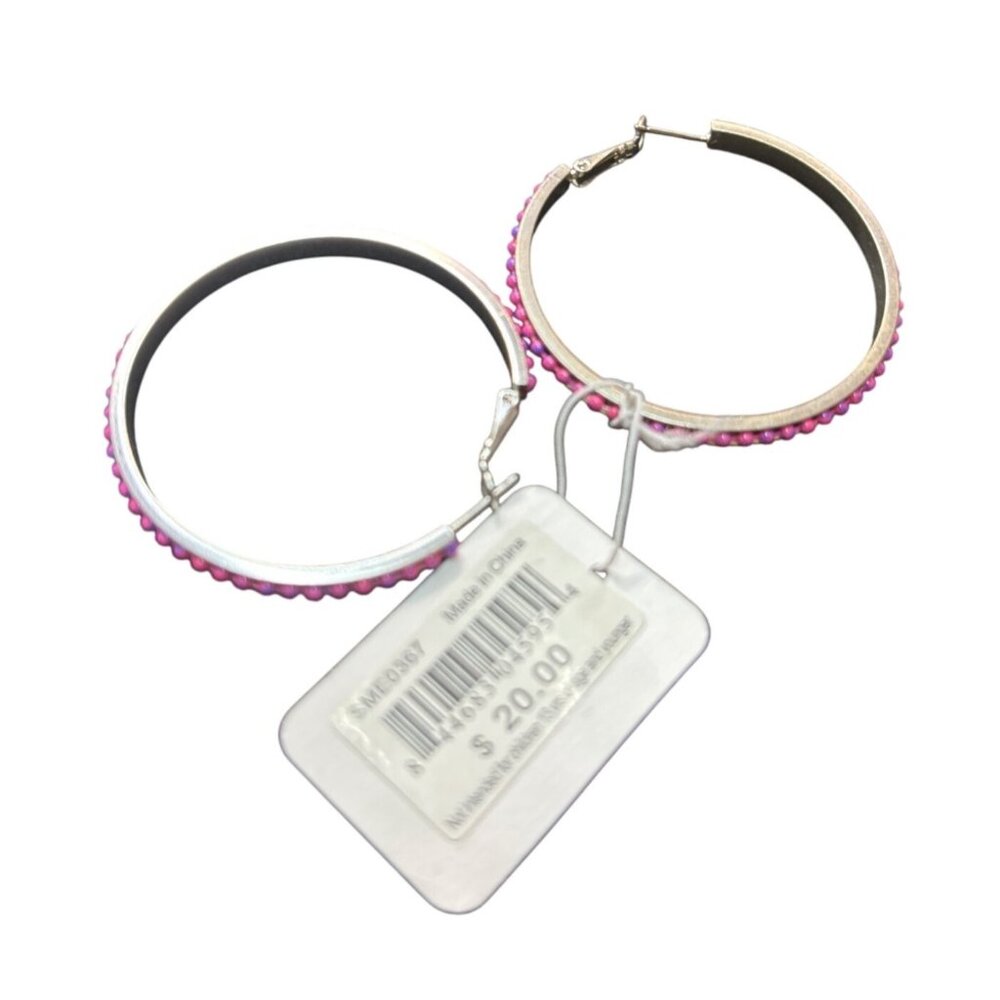 Steve Madden Silver-tone  Hoop Earrings With Pink Beaded Detailing